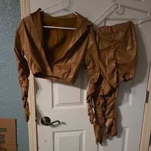 Source Unknown Tan Ruched Sleeve Pantsuit